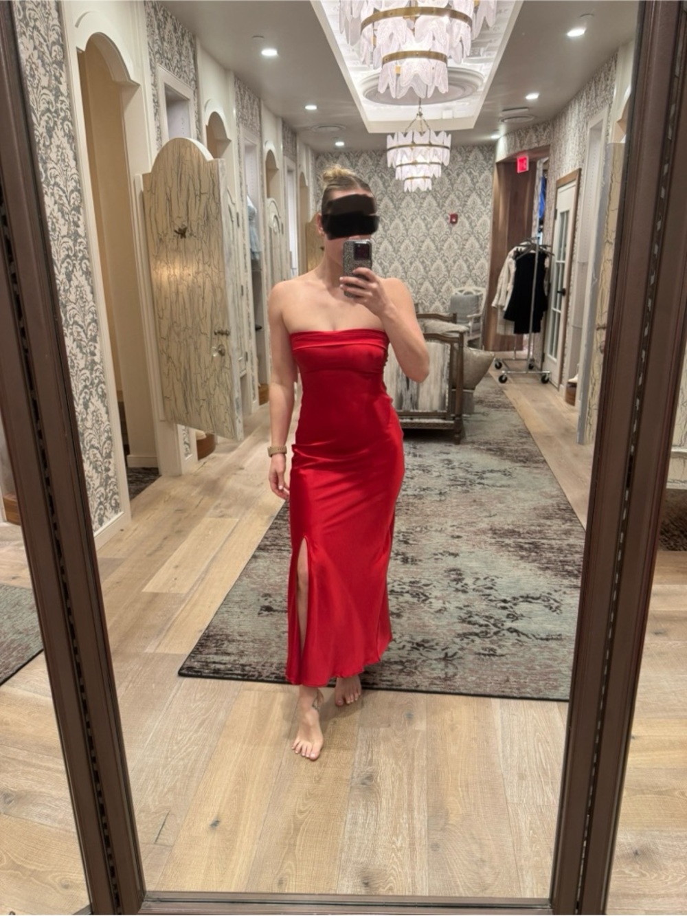 Altar'd State Red Strapless Satin Midi Dress with Side Slit